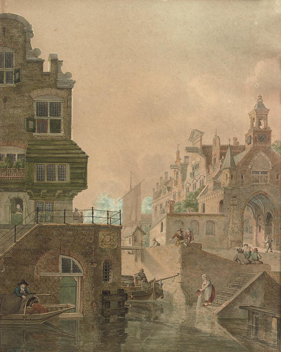 Jan Hendrik Verheijen - A Dutch town, said to be Utrecht, showing buildings along a canal