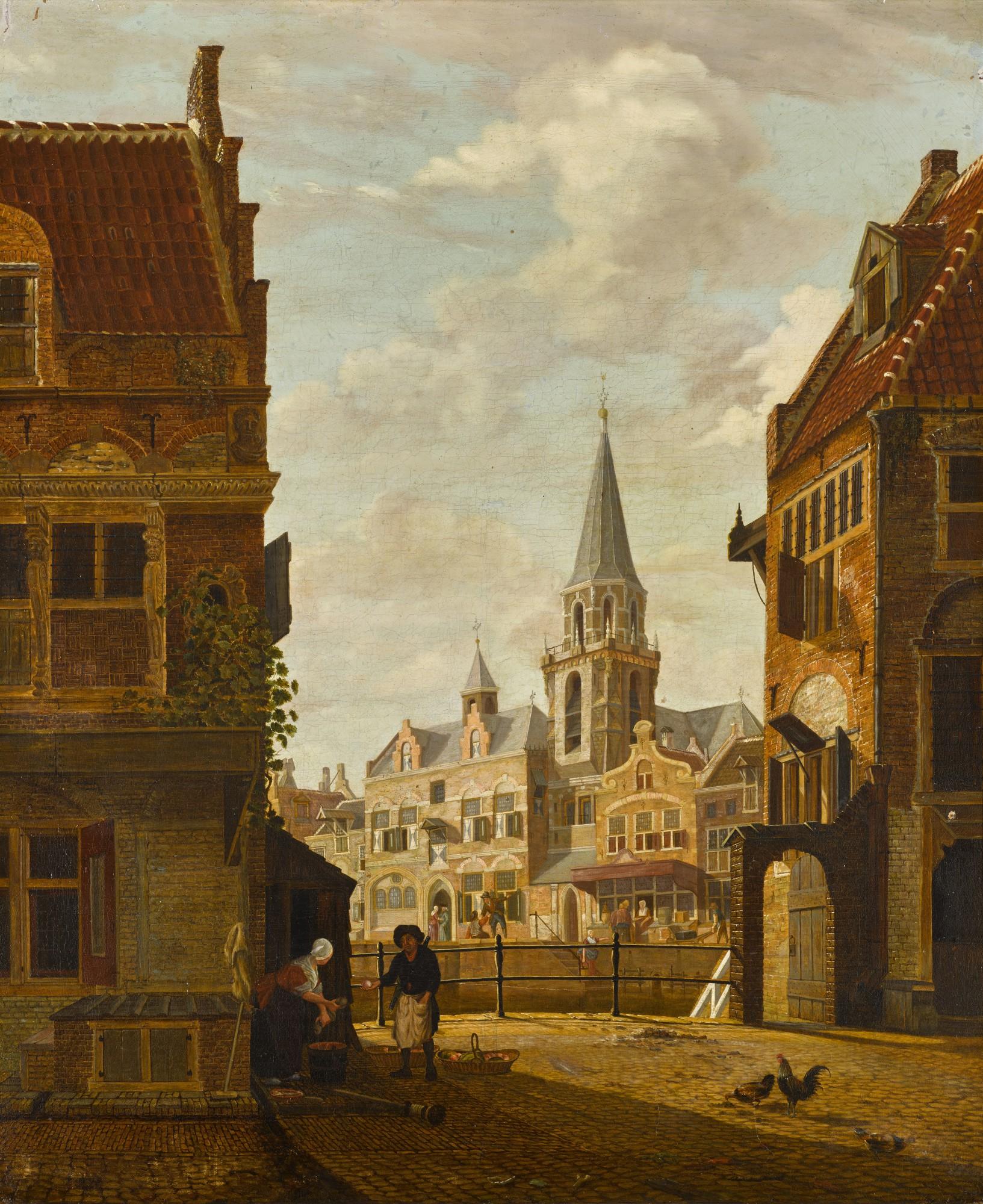 Jan Hendrik Verheijen - A view of a Dutch town, with a man selling fruit to a maid, a church beside a canal beyond