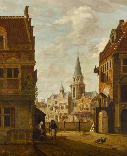 Jan Hendrik Verheijen - A view of a Dutch town, with a man selling fruit to a maid, a church beside a canal beyond