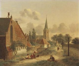 Jan Hendrik Verheijen - Figures By The City Wall Of Utrecht, The Geertekerk In The Distance