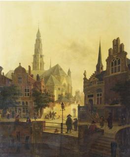 Jan Hendrik Verheyden - Figures by a canal in a town square