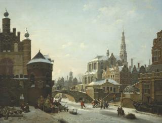 Jan Hendrik Verheyen - A capriccio with figures on a frozen canal