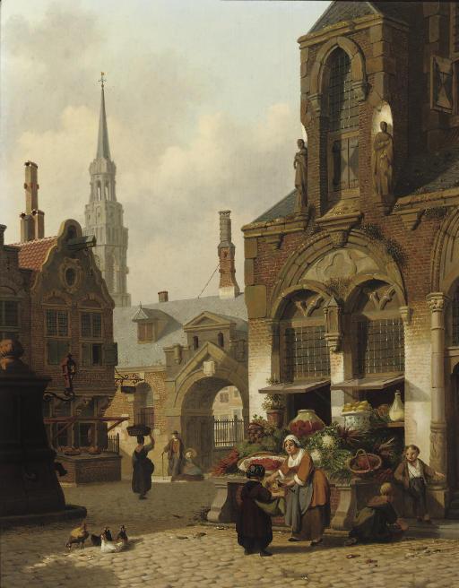 Jan Hendrik Verheyen - A market stall in a sunlit street