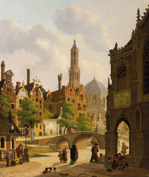 Jan Hendrik Verheyen - Figures by a church in a town, a canal beyond