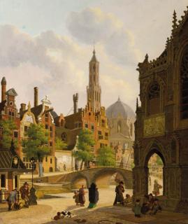 Jan Hendrik Verheyen - Figures by a church in a town, a canal beyond