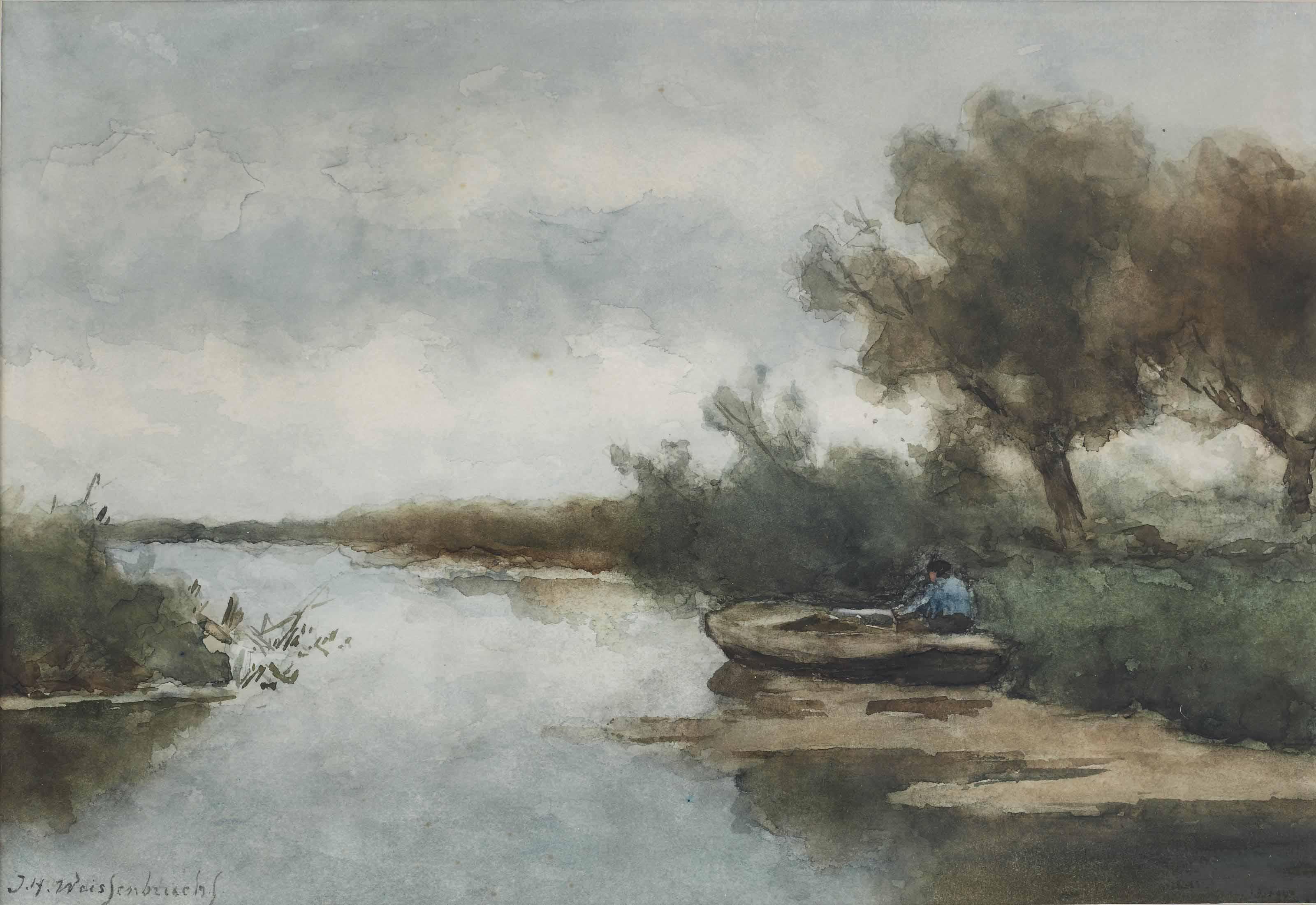 Jan Hendrik Weissenbruch - A polder landscape with a rowing boat