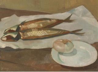 Jan Hoowij - A still life with red herrings and an onion