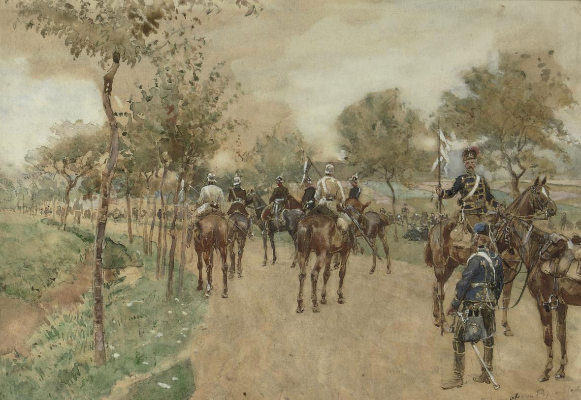 Jan Hoynck van Papendrecht - A trio of German senior officers escorted by two uhlans, with in the foreground two members of a different uhlans regiment