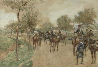 Jan Hoynck van Papendrecht - A trio of German senior officers escorted by two uhlans, with in the foreground two members of a different uhlans regiment