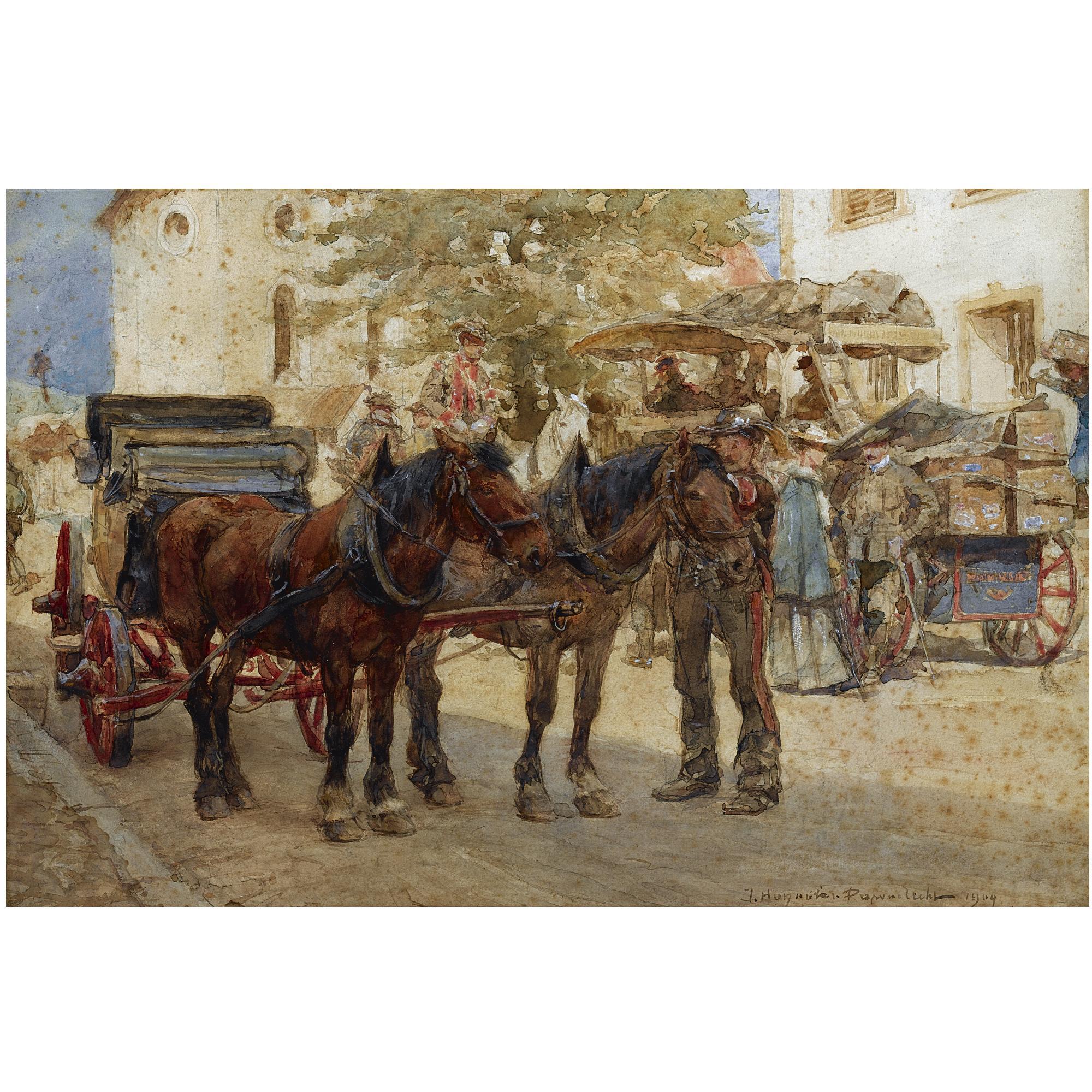 Jan Hoynck Van Papendrecht - Dutch Carriages In The Streets Of A Mountain Village