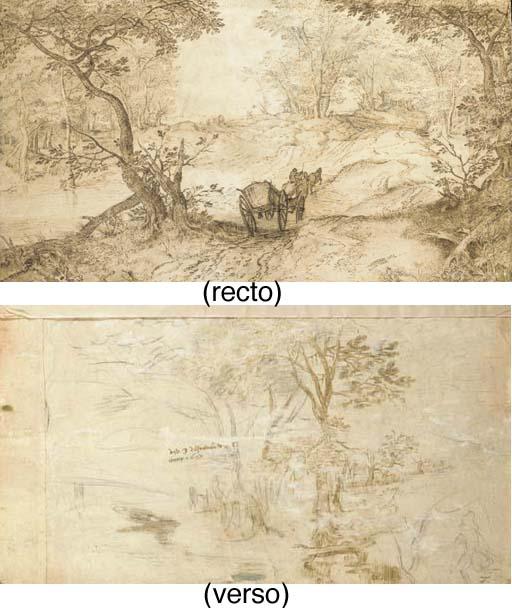 Jan I Brueghel - Un paysage forestier avec une rivière, un chariot attelé au premier plan (recto); Etudes d\'arbres dans un paysage de rivière, avec un personnage (verso)
