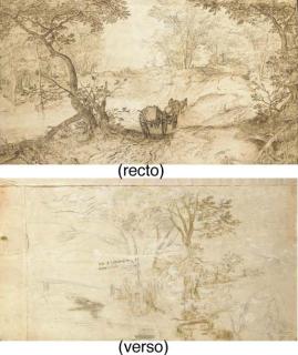 Jan I Brueghel - Un paysage forestier avec une rivière, un chariot attelé au premier plan (recto); Etudes d\'arbres dans un paysage de rivière, avec un personnage (verso)