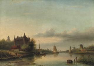 Jan Jacob Coenraad Spohler - A Dutch River Landscape With A Castle By The Water-Front