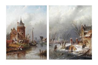 Jan Jacob Coenraad Spohler - A frozen canal with a skater, figures walking to the right side; and A washer woman by a canal before a tower