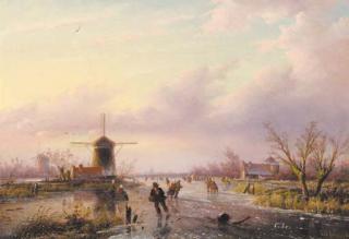 Jan Jacob Coenraad Spohler - A winter landscape with figures on a frozen waterway