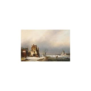 Jan Jacob Coenraad Spohler - A Winter Landscape With Skaters Near A Village