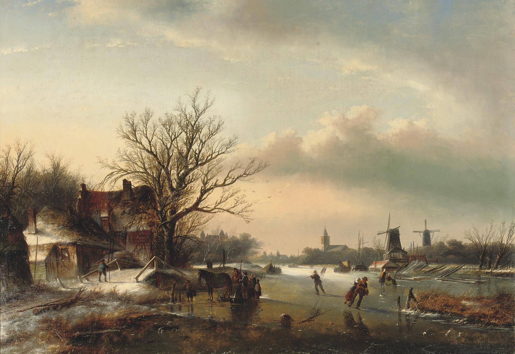 Jan Jacob Coenraad Spohler - A winter\'s day with skaters on the ice and windmills in the distance