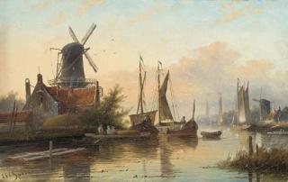 Jan Jacob Coenraad Spohler - Barges in a calm on a Dutch river estuary