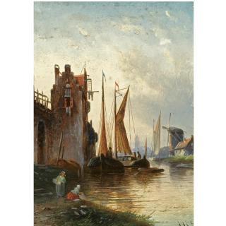Jan Jacob Coenraad Spohler - Dutch A River Scene At Dusk