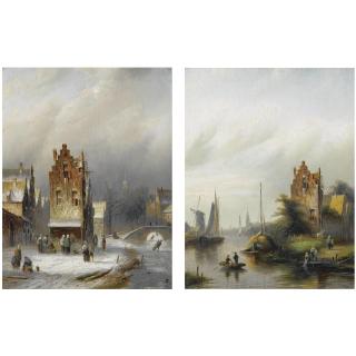 Jan Jacob Coenraad Spohler - Dutch Figures In A Wintry Dutch Town; A River Scene With Washerwomen (A Pair)