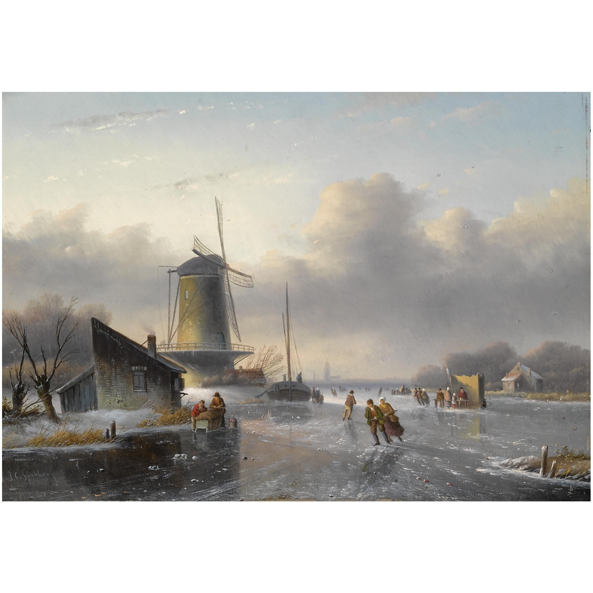 Jan Jacob Coenraad Spohler - Dutch Skaters On A Frozen River, A \'Koek En Zopie\' In The Distance