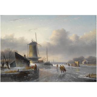Jan Jacob Coenraad Spohler - Dutch Skaters On A Frozen River, A \'Koek En Zopie\' In The Distance