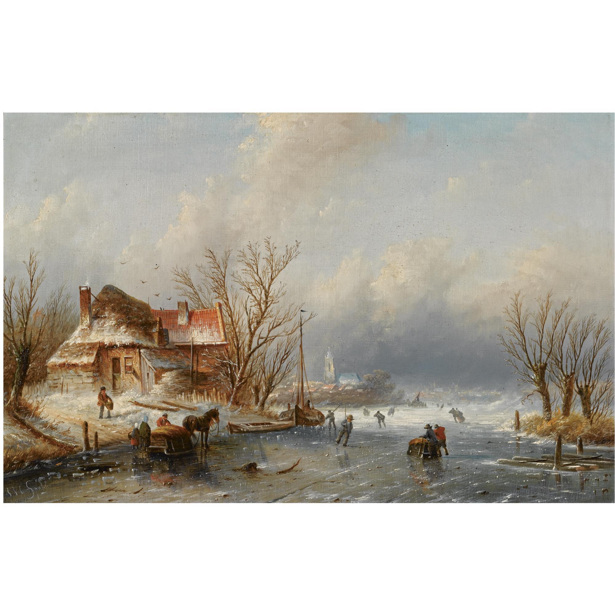 Jan Jacob Coenraad Spohler - Dutch Skaters On A Frozen Waterway