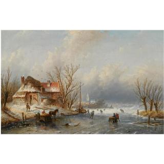 Jan Jacob Coenraad Spohler - Dutch Skaters On A Frozen Waterway
