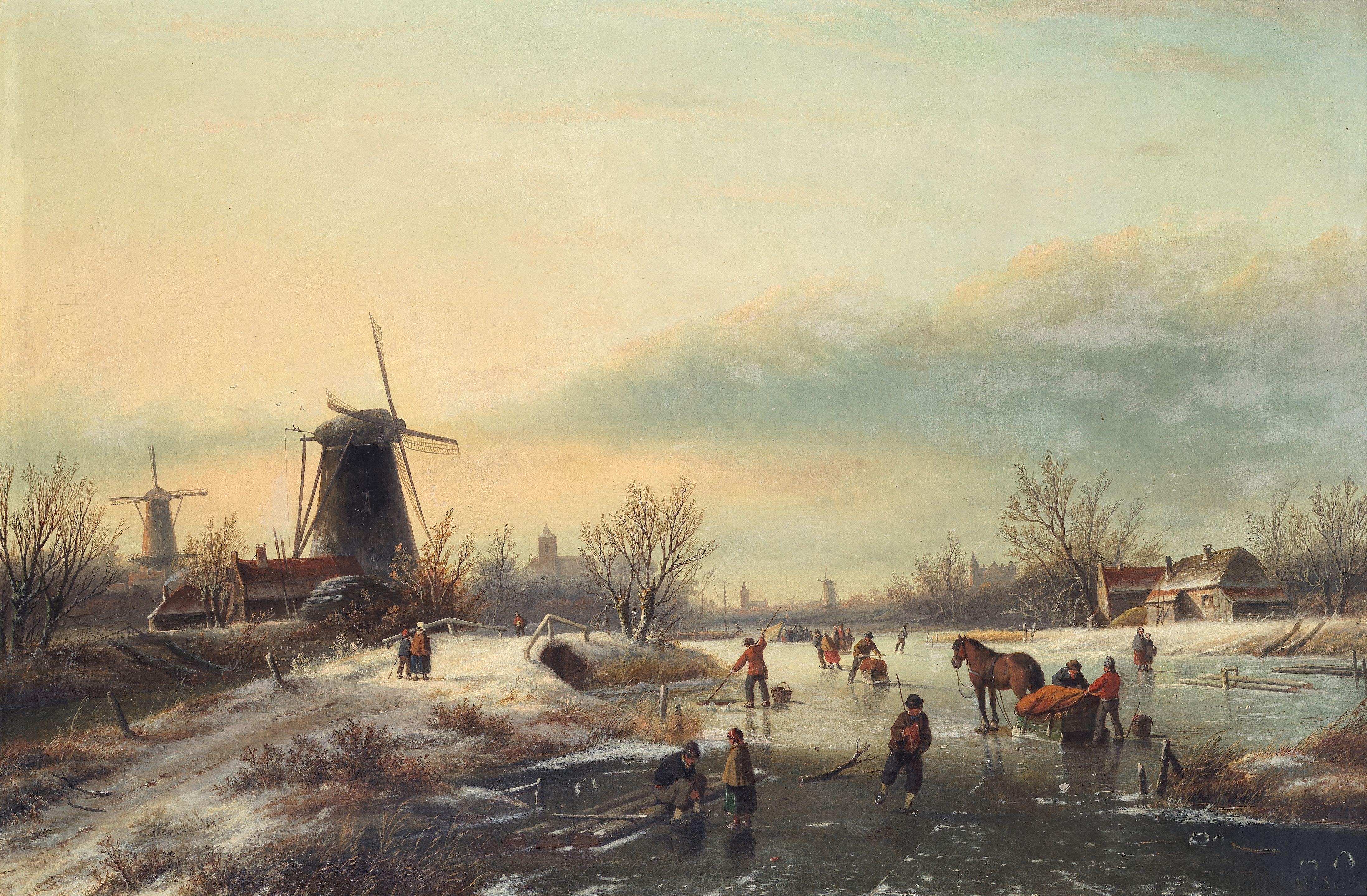 Jan Jacob Coenraad Spohler - Figures on a frozen river in a Dutch town