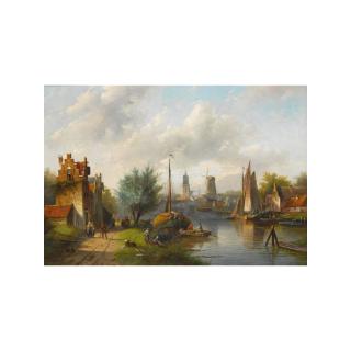 Jan Jacob Coenraad Spohler - Figures On The Waterfront, A Windmill In The Distance