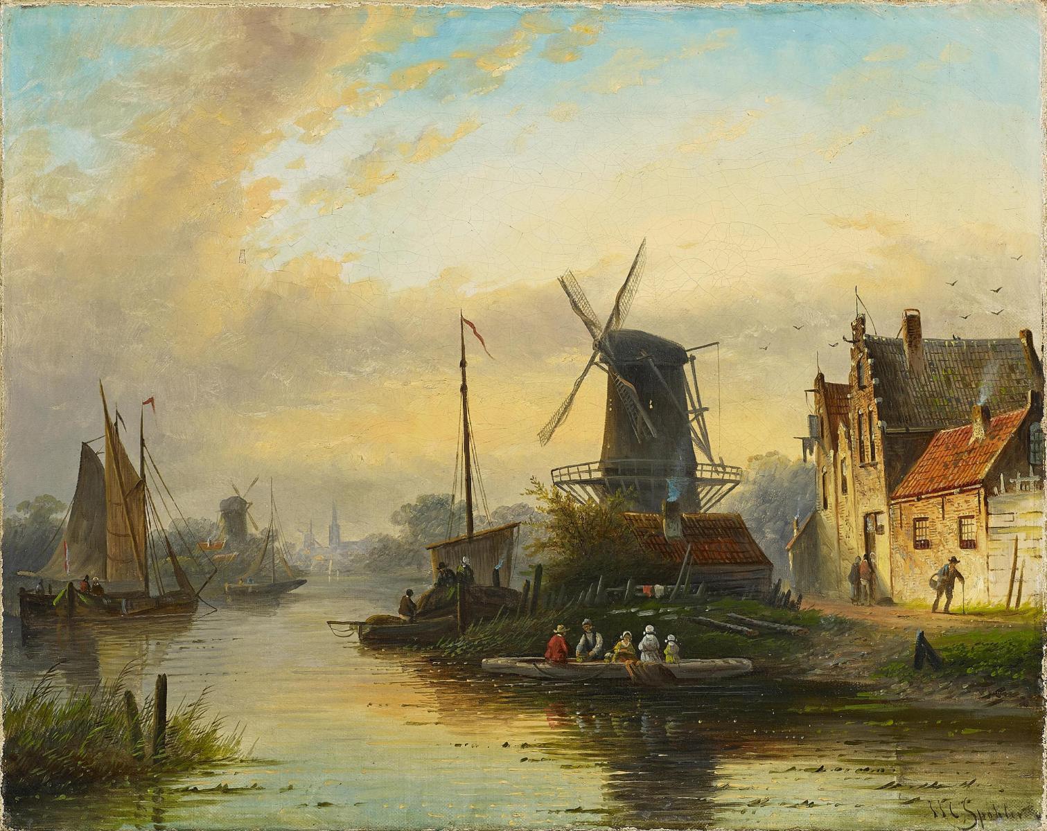 Jan Jacob Coenraad Spohler - Holländische Kanallandschaft im Abendlicht.