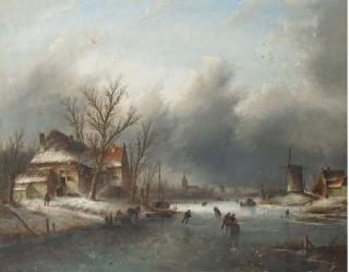 Jan Jacob Coenraad Spohler - Skaters On A Frozen River, A Town In The Distance