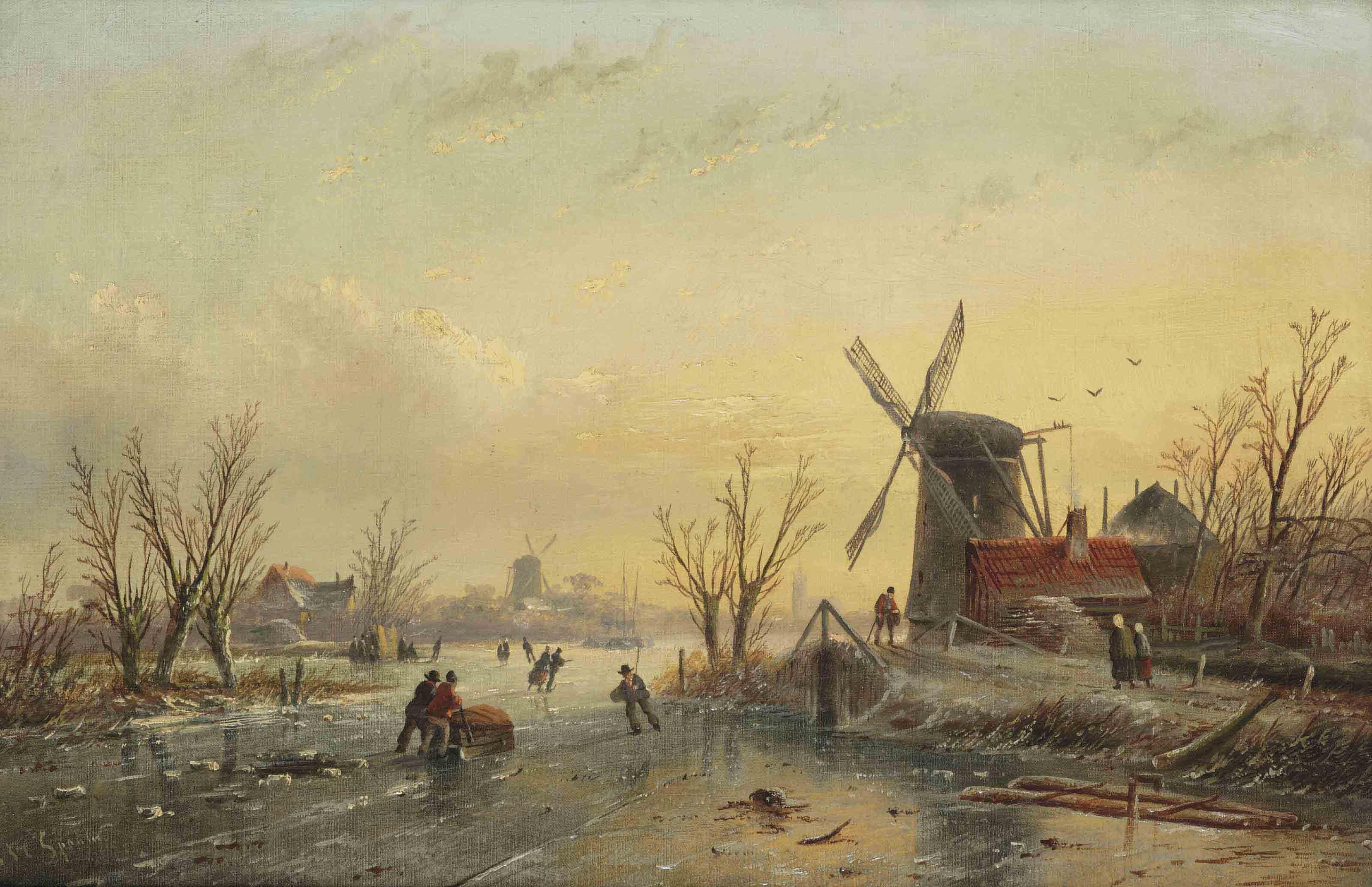 Jan Jacob Coenraad Spohler - Skaters on the ice at sunset, with a Dutch town in the distance