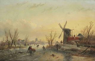 Jan Jacob Coenraad Spohler - Skaters on the ice at sunset, with a Dutch town in the distance