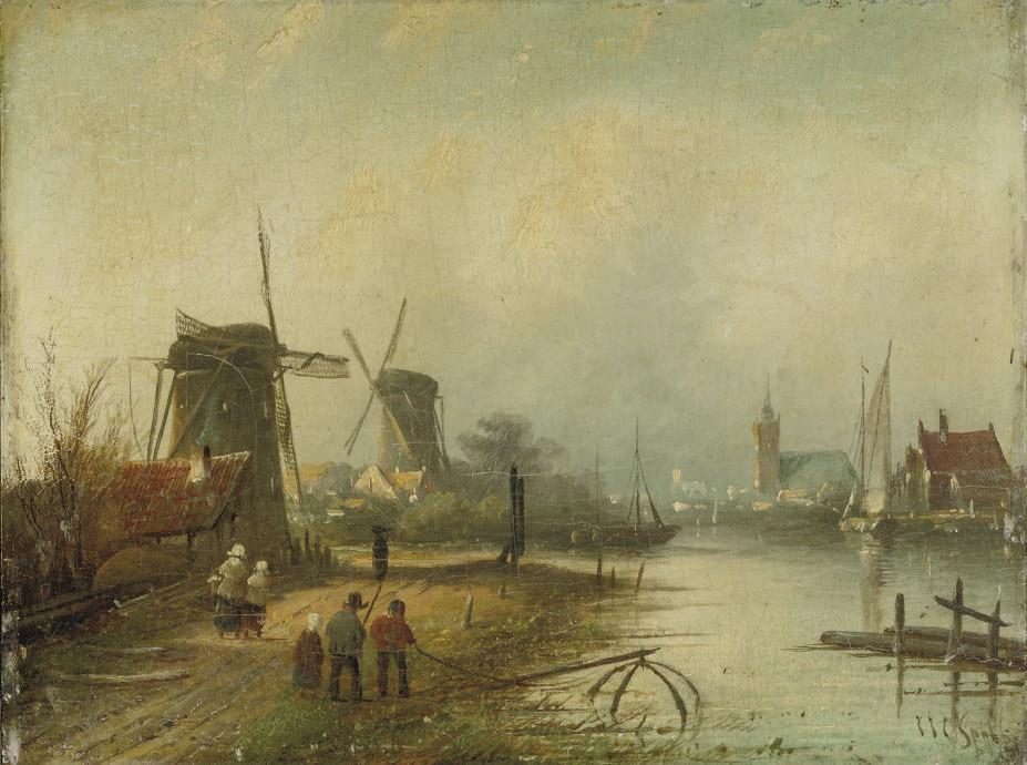 Jan Jacob Coenraad Spohler - Wind mills in a river landscape