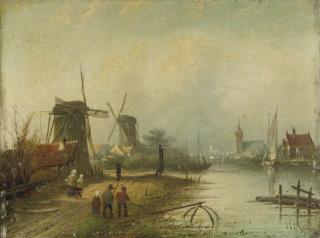 Jan Jacob Coenraad Spohler - Wind mills in a river landscape
