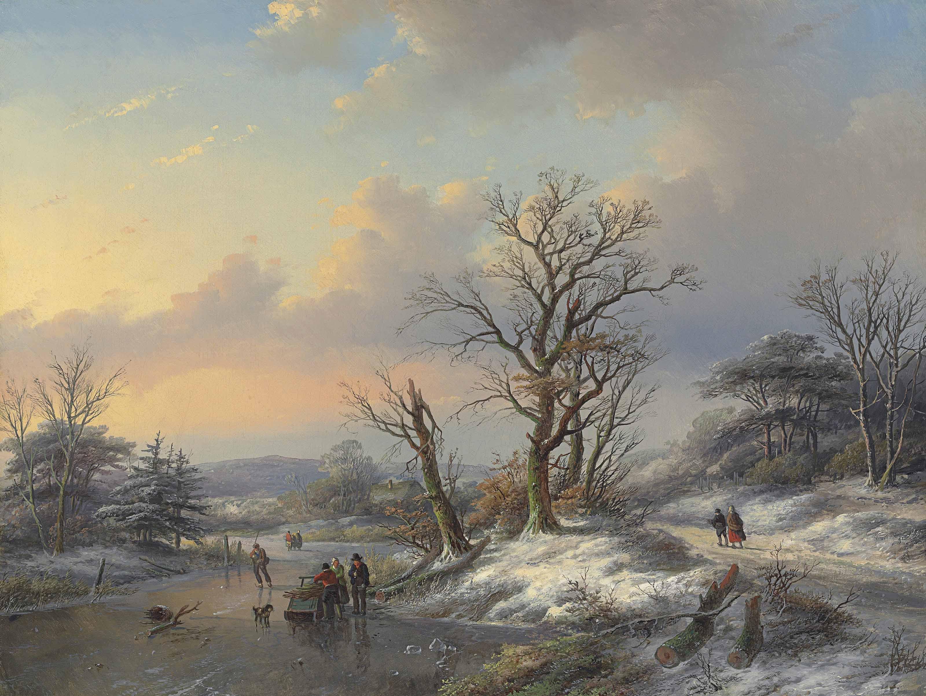 Jan Jacob Coenraad Spohler - Wood gatherers on the ice
