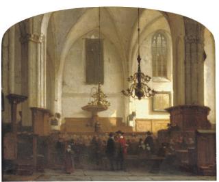 Jan Jacob Schenkel - In de Buurkerk te Utrecht: a service in a sunlit church