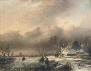 Jan Jacob Spohler - A Dutch winter landscape with villagers on the ice