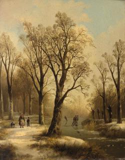 Jan Jacob Spohler - A forest in winter with skaters on a frozen waterway