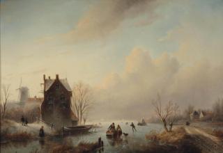 Jan Jacob Spohler - A frozen waterway with figures, farmhouses and a windmill on the riverbank