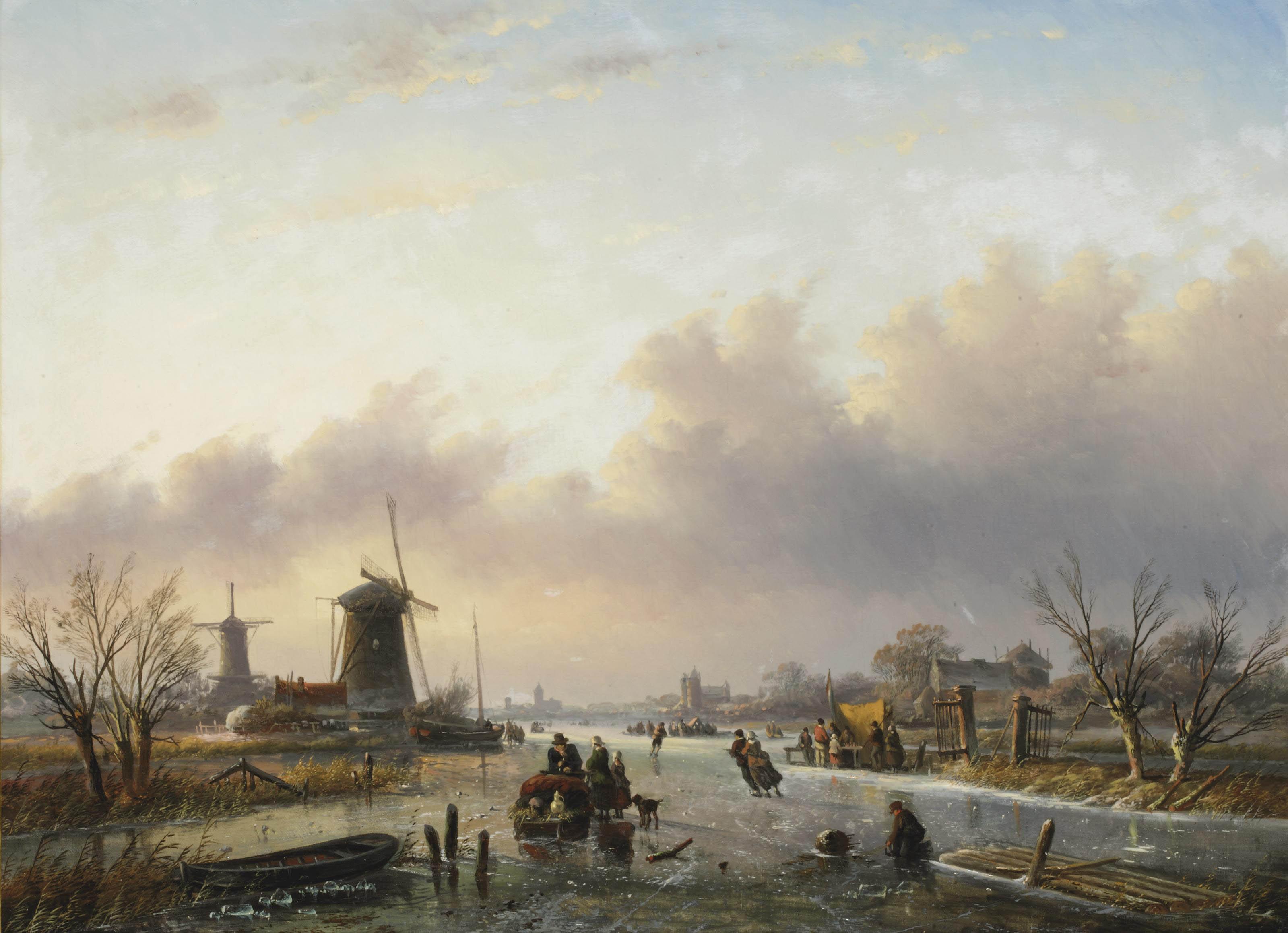 Jan Jacob Spohler - A frozen waterway with figures on the ice and windmills on the river bank