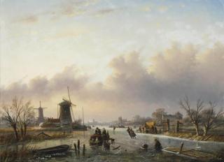 Jan Jacob Spohler - A frozen waterway with figures on the ice and windmills on the river bank