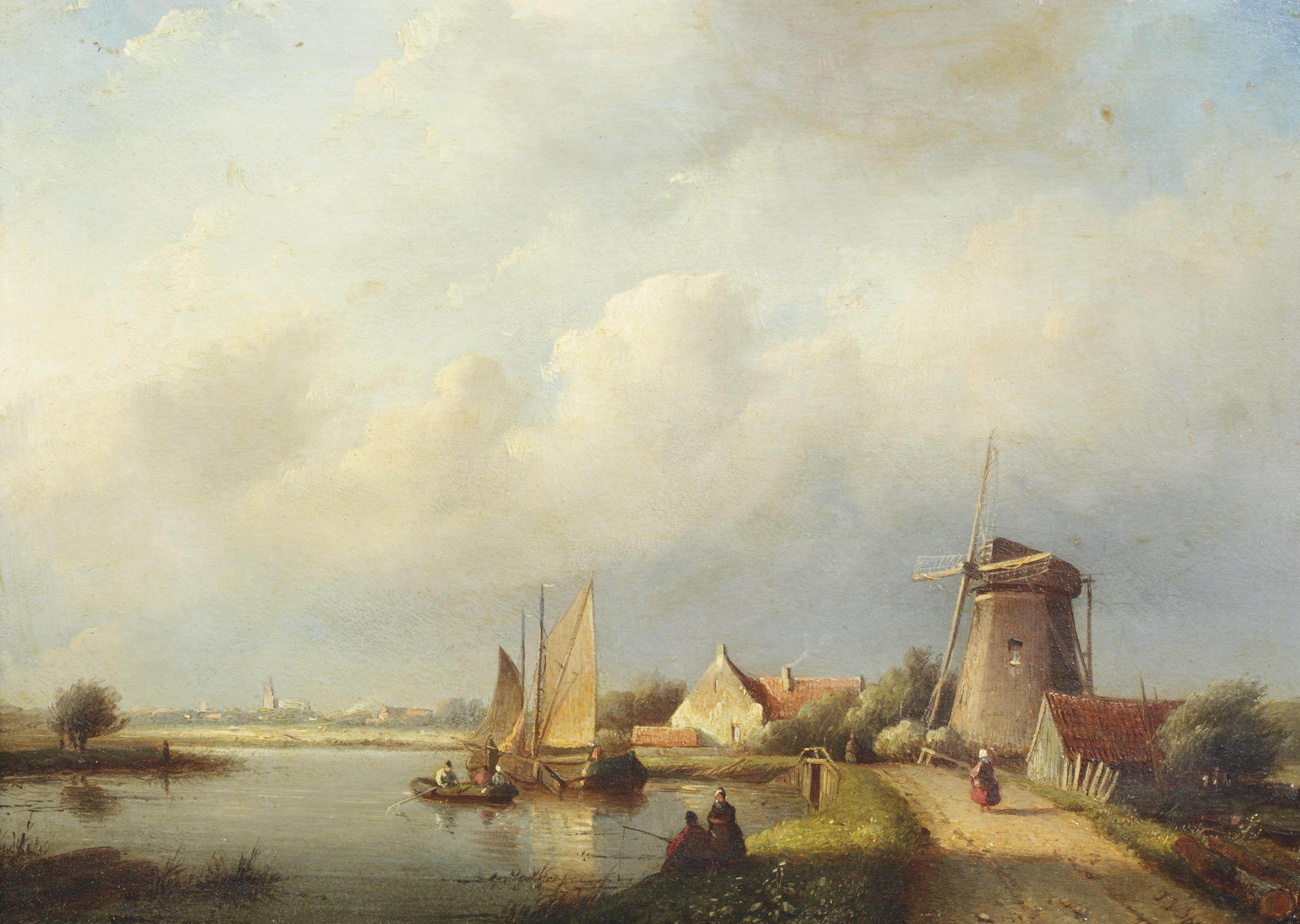 Jan Jacob Spohler - A quiet afternoon by the river, a village beyond