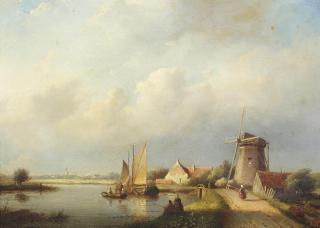 Jan Jacob Spohler - A quiet afternoon by the river, a village beyond