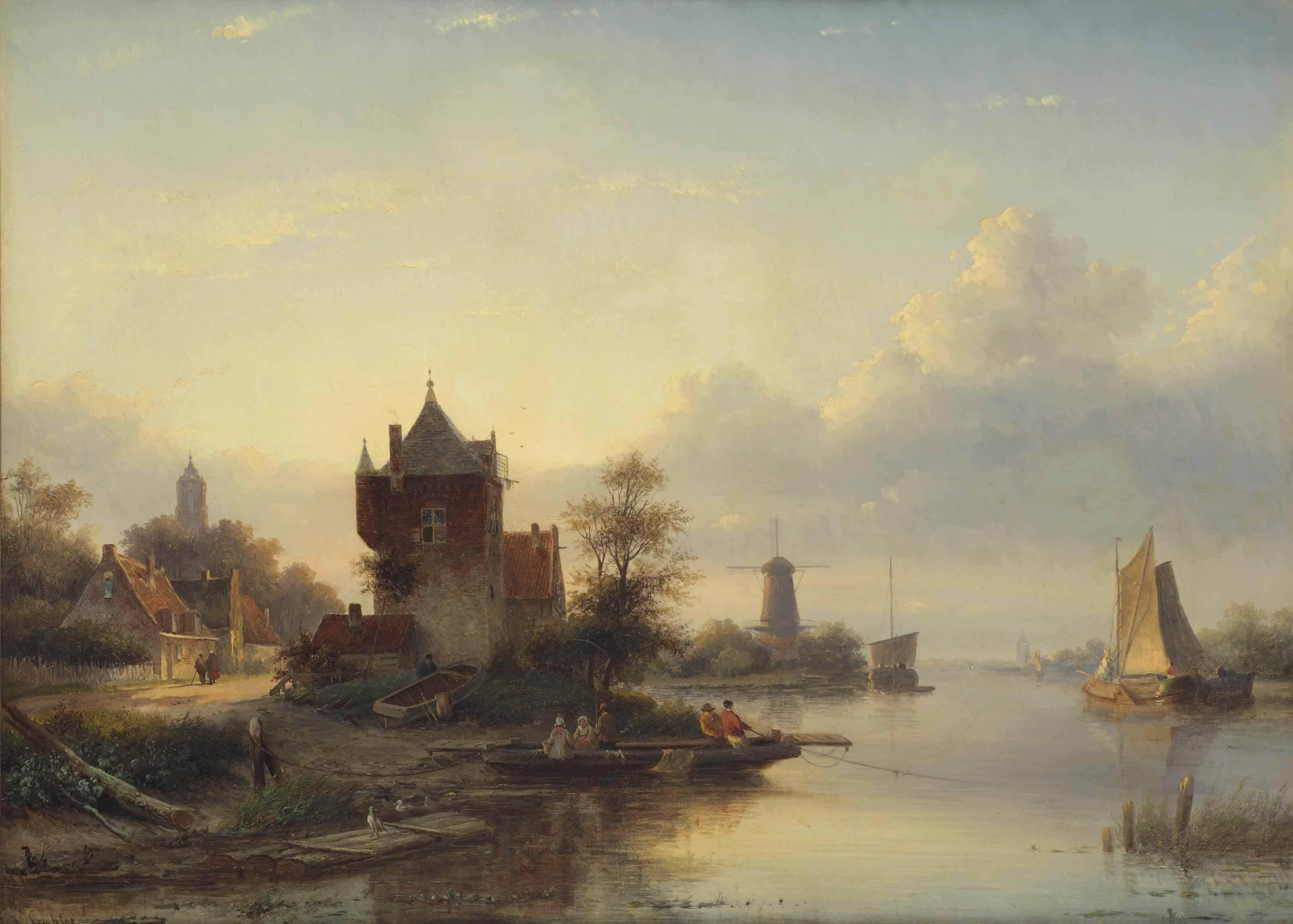 Jan Jacob Spohler - A river landscape in summer with a ferry