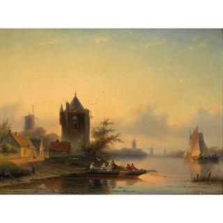 Jan Jacob Spohler - A Summer Landscape With A Ferry Crossing A River
