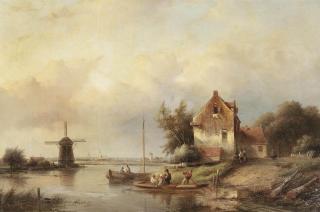Jan Jacob Spohler - A summer landscape with a windmill and a ferry crossing a waterway