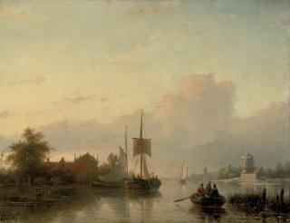 Jan Jacob Spohler - A summer landscape with sailing vessels and a rowing boat