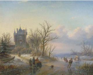 Jan Jacob Spohler - A sunny winter\'s day with skaters by a castle